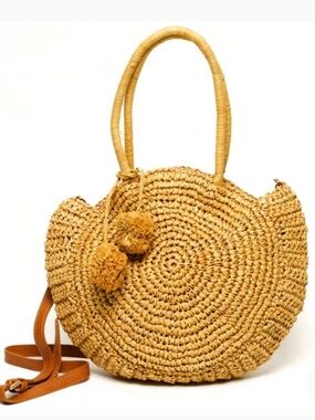 LAGGO Rio Handbag Woven Straw Tote Bag with Pom-Pom Accents - Natural